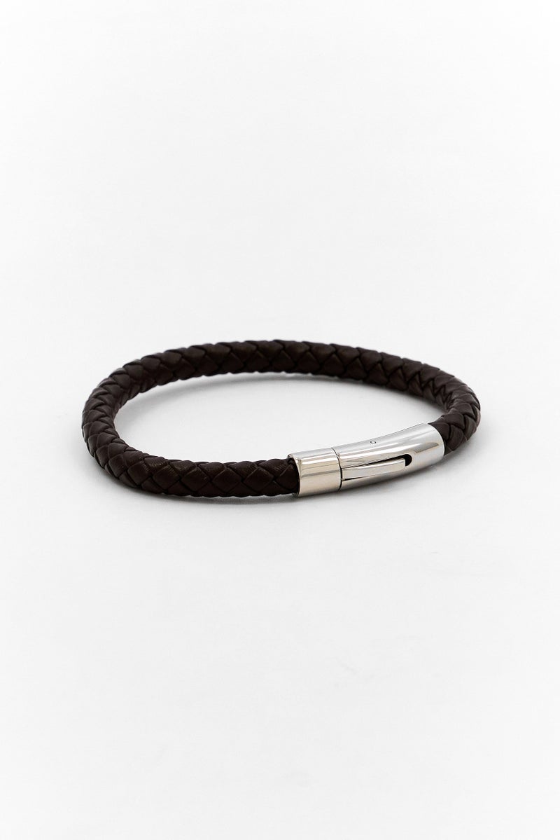 Steeltime Men Genuine Leather  Braided Bracelet Push Pull Closure, Brown - Image 2